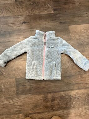 Girls Columbia Light Gray Fuzzy Zip-Up Jacket with Pink Trim